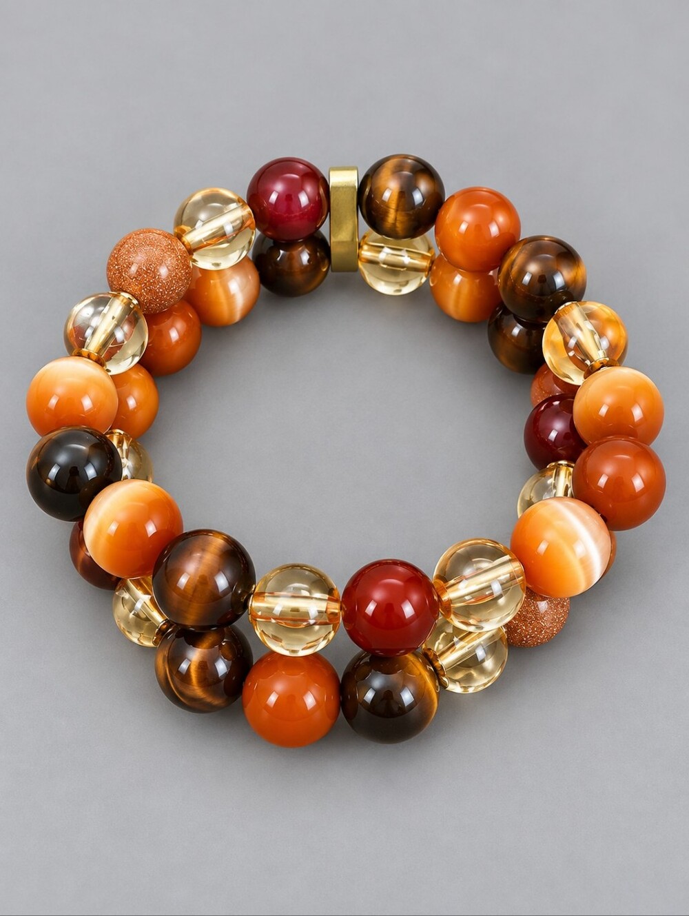 Vintage Earth Tone Glass Cat's Eye Beaded Two Strand Stretch Bracelet